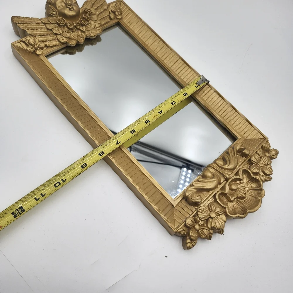 Vintage gold 80s Hollywood Regency Cherub Angel Figural Wall Mirror guilded